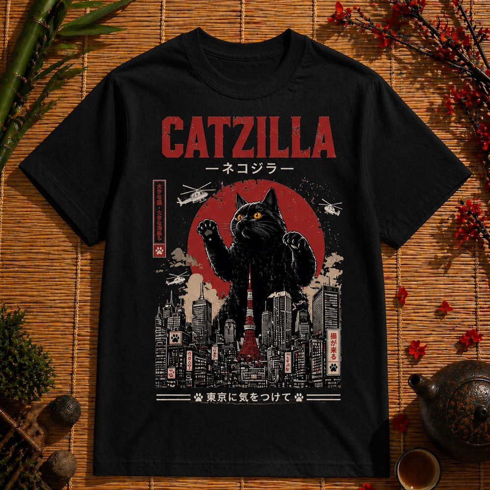 Catzilla Urban Monster Tee Giant Cat Kaiju Streetwear Shirt Black